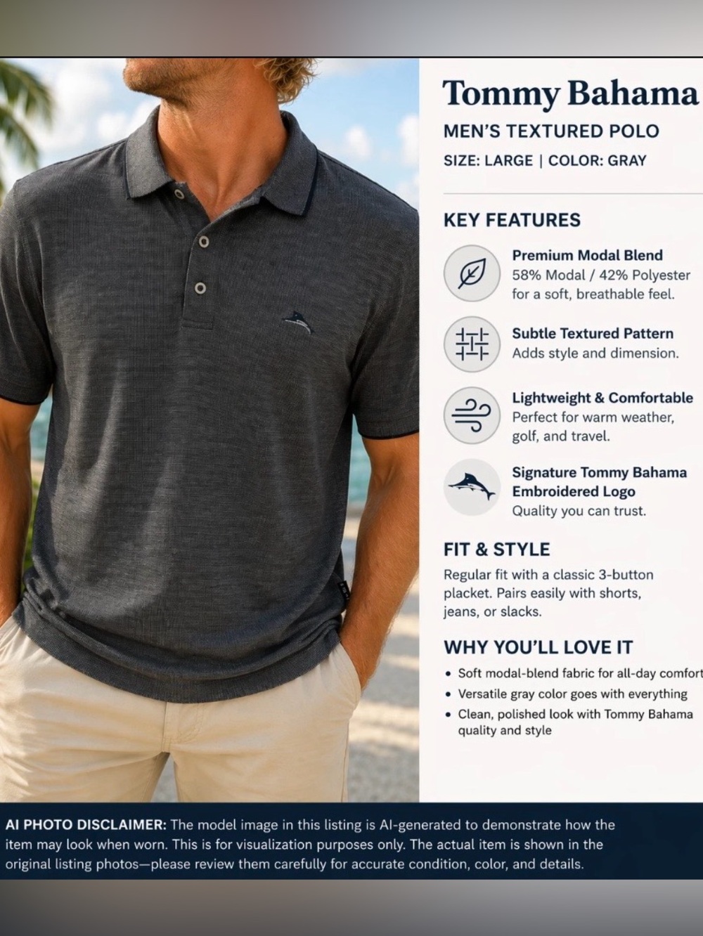 Tommy Bahama Short Sleeve Shirt-Men's Large-Dark Gray-Textured Modal Blend Polo - Picture 4 of 16